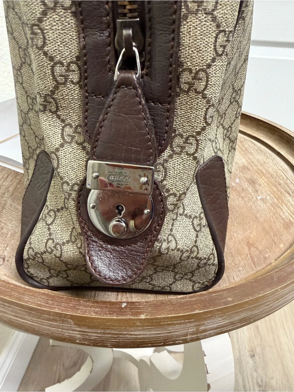 Gucci Beige GG Canvas Travel/Briefcase with Brown Leather and Green-Red Web